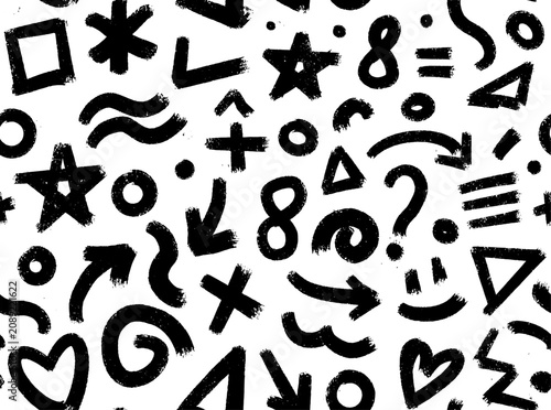 Abstract Hand Drawn Doodle Seamless Pattern Vector with Grunge Brush Shapes and Geometric Symbols