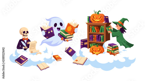 Cuadro en lienzo Halloween Reading Fun: A whimsical illustration depicts a friendly ghost and a witch engrossed in books, surrounded by pumpkins and a skeleton, creating a playful Halloween atmosphere