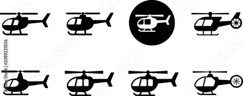 Canvastavla Set of various helicopter icons in silhouette and solid styles for aviation, tra