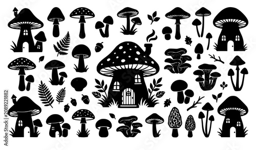 Photography Fantasy Mushroom House and Mushroom Silhouette Vector Illustration