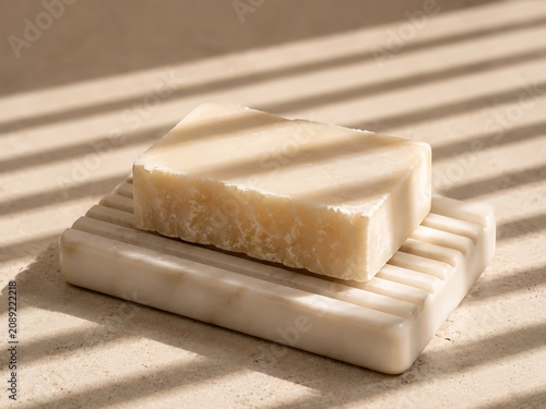 Bar of natural beige soap resting on a white marble soap dish with striped sunlight shadows on a beige stone surface for spa wellness