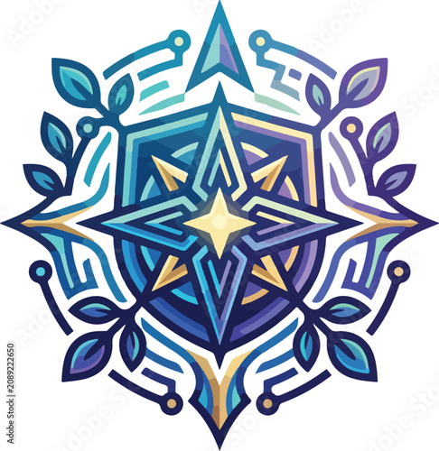 Mystical Star Mandala with Leaves and Circuit