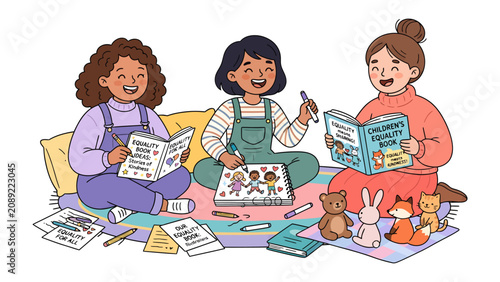 Tableau sur toile Children's Equality Celebration: Three young girls, full of joy, are engrossed in a world of learning and creativity, surrounded by children's equality books and plush toys