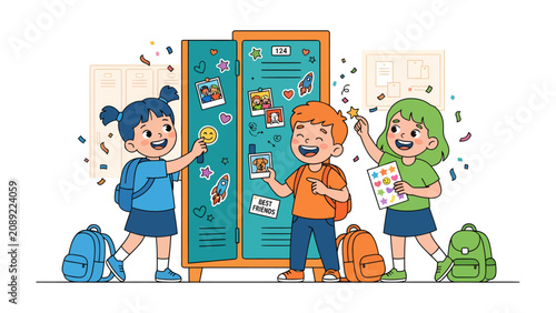 Foto School Days Joy: Three cheerful children with backpacks decorate a school locker with photos and stickers, surrounded by confetti, embodying the fun and excitement of school life