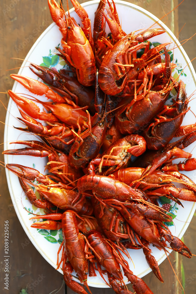 Fototapeta premium Fresh Boiled Crawfish Platter - Delicious Seafood Presentation with Vibrant Red Crustaceans