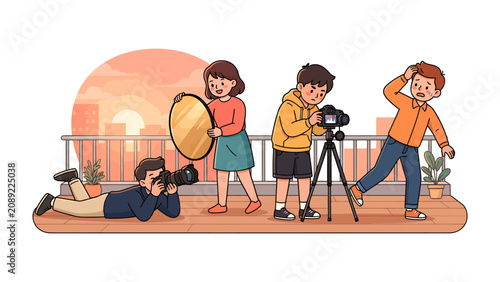Obraz na plátně Photography Studio Session: A group of aspiring photographers and models collaborate on an outdoor photoshoot