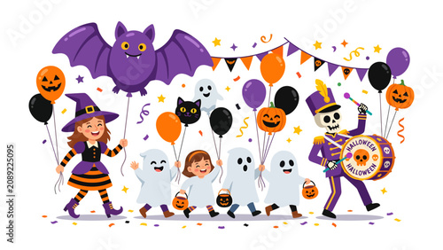 Schilderij op canvas Halloween Parade Joy: A vibrant procession of children in costumes, a witch, ghosts, and a skeleton drummer, accompanied by festive balloons and decorations