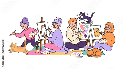 Canvastavla Artistic Felines and Friends: A delightful scene of young artists, each with their feline companion, engrossed in painting portraits of cats