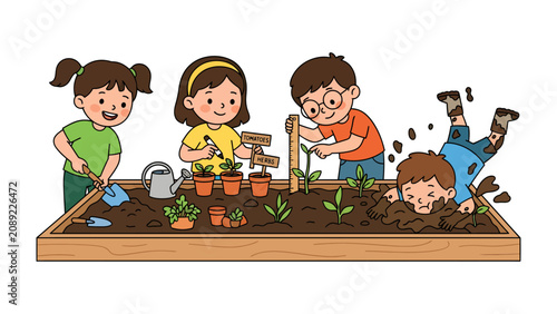 фотографія Children Gardening and Playing in Soil: A group of children joyfully engage in gardening activities in a raised garden bed, with one child playfully tumbling into the soft soil