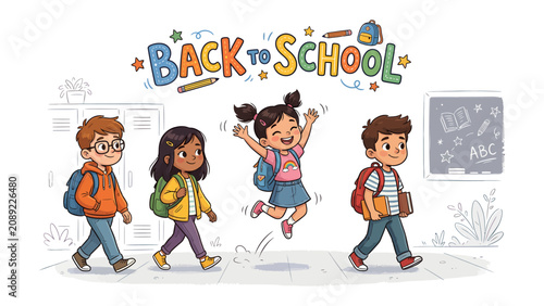 Quadro su tela Back to School Excitement: A diverse group of cheerful children, laden with backpacks and books, joyfully head back to school, embracing the start of a new academic year with enthusiasm and smiles
