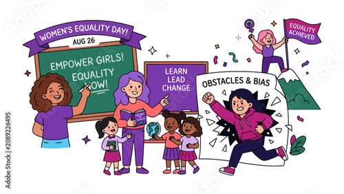 Φωτογραφία Celebrating Women's Equality Day: A vibrant illustration depicts the spirit of Women's Equality Day, showcasing empowered girls and women breaking barriers and striving for a just future