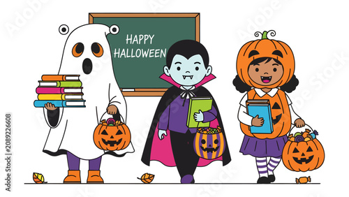 Canvastavla Halloween School Day: Three cheerful children dressed as a ghost, vampire, and pumpkin attend a Halloween-themed school day