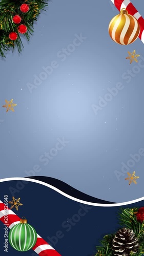 Christmas background reel. Holiday festive ornaments, sparkling bokeh, and fir branches. Copy Space.