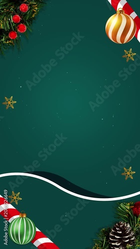 Christmas background reel. Holiday festive ornaments, sparkling bokeh, and fir branches. Copy Space.