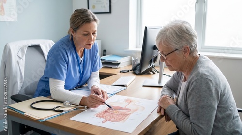 Healthcare Professional Explains Human Digestive System Diagram to Senior Patient During Consultation