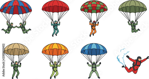 Parachutist and Skydiver Collection with Colorful Parachutes, Airborne Descent, Military Training, and Extreme Adventure Sports Vector Illustrations