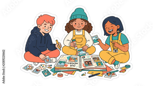 Tablou pe pânză Creative Childhood Memories: Three children with bright smiles and engaging expressions sit cross-legged on the floor, engrossed in creating a scrapbook filled with colorful pictures and mementos