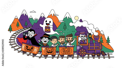 Obraz na płótnie Halloween Train Adventure: A whimsical train ride filled with classic Halloween characters, including vampires, ghosts, and skeletons, chugs along a festive track through colorful mountains