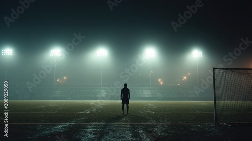 Lone soccer player practicing shots under stadium floodlights at night, solitary dedication on misty field