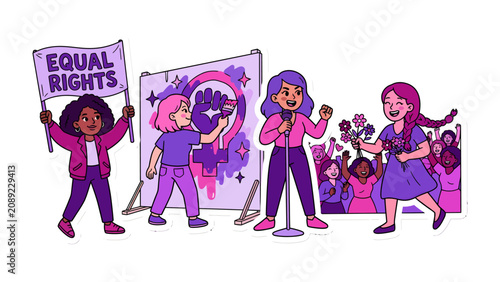 Foto Empowerment Through Art and Advocacy: Diverse women and girls unite to champion equal rights, showcasing creativity, vocal expression, and collective strength in a vibrant celebration of empowerment