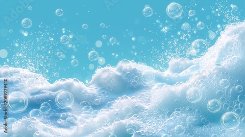 Dynamic splash of white soap foam and bubbles on a refreshing blue background, powerful cleansing and wash aesthetic, cosmetic lather wave backdrop.