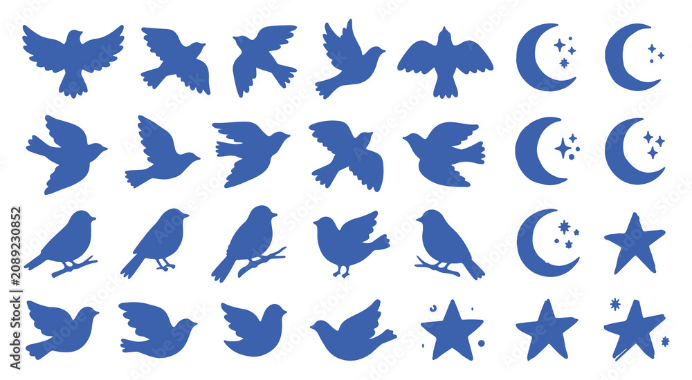 Fototapeta premium Flying Bird Silhouette Collection with Moon and Night Sky Elements