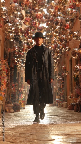 Man in Hat and Coat Walks Through Vibrant Street Decorations