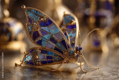 Exquisite Ornate Butterfly Crafted from Blue and Gold Stained Glass and Jeweled Details