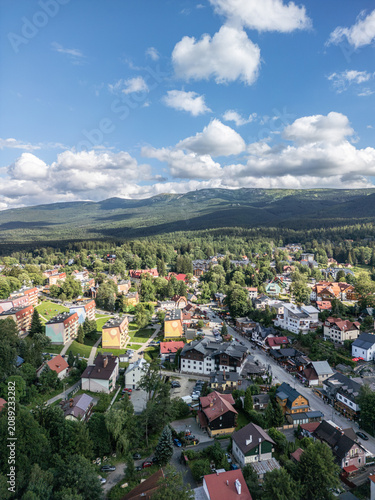 The town of Szklarska Poręba in the Karkonosze Mountain panorama