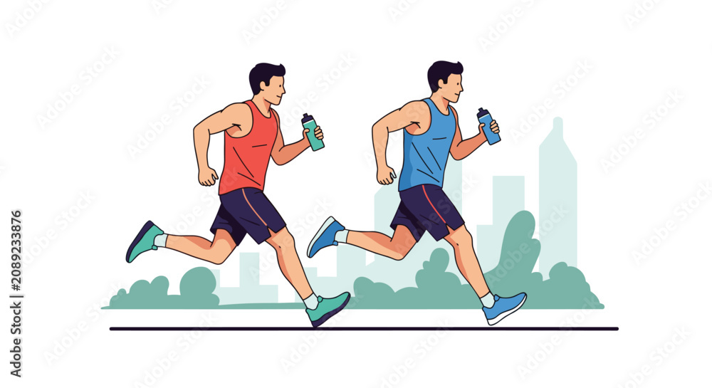 Obraz premium Two athletic men in running gear carry water bottles while jogging through a city park with a stylized skyline visible in the back.