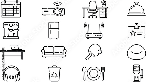 Φωτογραφία Modern Office Amenities and Corporate Coworking Space Line Icon Set for Workplac