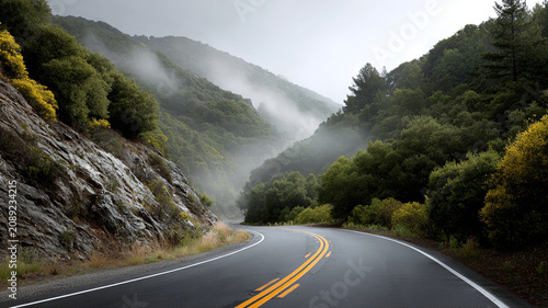 Mountain road foggy curve forest valley mist asphalt landscape travel route through green hill rock cliff quiet mood