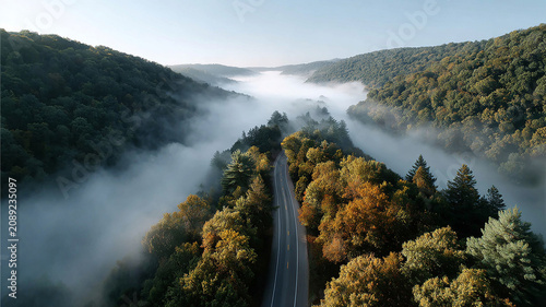 Road aerial forest fog mountain valley autumn landscape, scenic road through misty wooded hill and calm wilderness