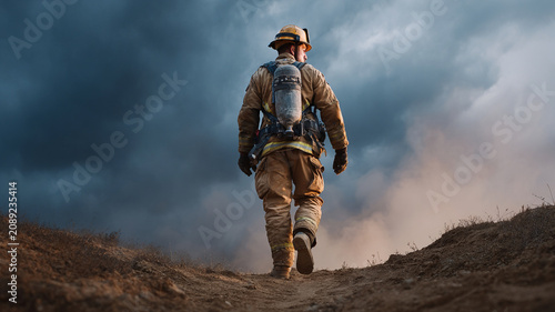 Firefighter action hero smoke storm confident walk, rescue worker in protective gear moving through rugged wildfire ground