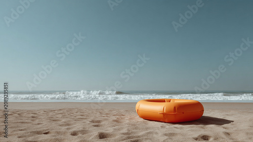 Orange rescue float beach sand ocean wave safety lifeguard life saving gear on quiet shore with clear sky and calm rescue scene