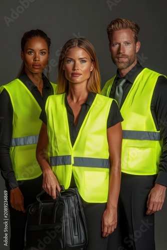 Freight logistics team wearing reflective vests poses confidently for a professional portrait in a studio setting during daylight hours
