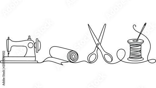 Fotografie Minimalist continuous line drawing of sewing machine, fabric roll, scissors, an