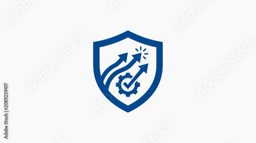 Blue Shield with Upward Arrows and Gear Symbolizing Growth and Efficiency