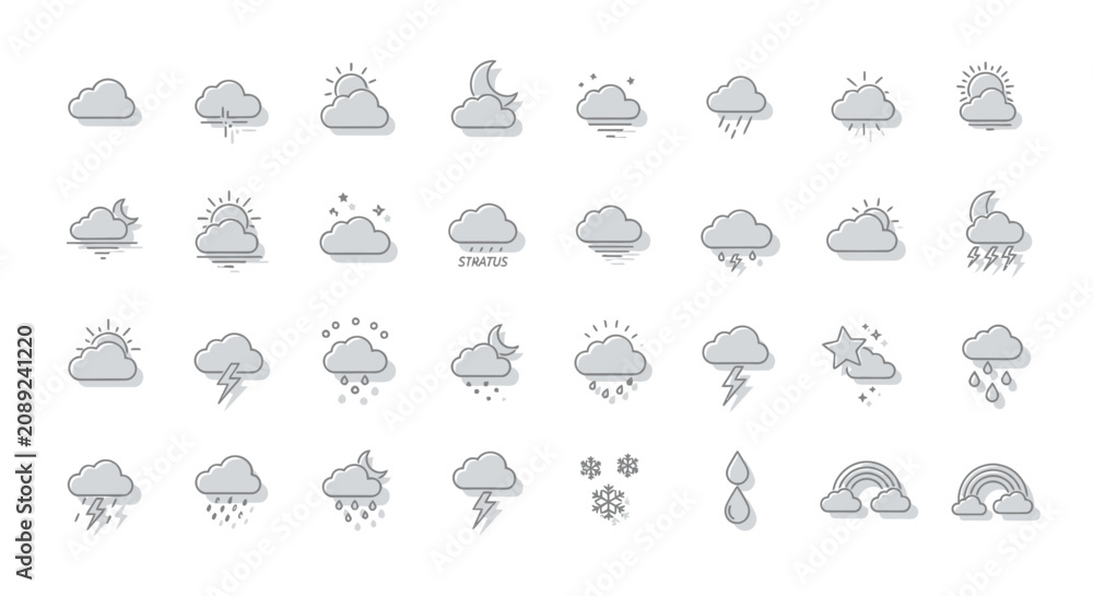 Obraz premium A comprehensive collection of weather icons, illustrating various meteorological conditions with clear, minimalist graphics.