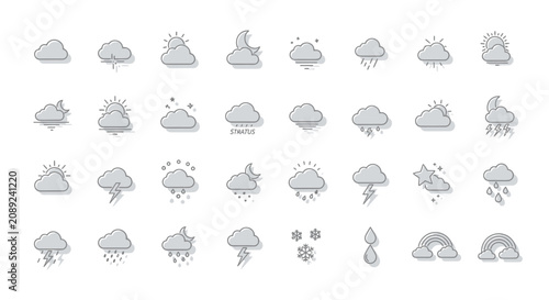A comprehensive collection of weather icons, illustrating various meteorological conditions with clear, minimalist graphics.