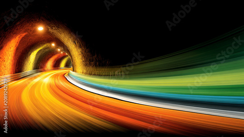 Blurred motion of vehicle lights inside a dark curved tunnel with transport underground movement