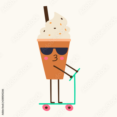 Cute coffee cup character funny pumpkin spice latte mascot riding kick scooter flat vector illustration