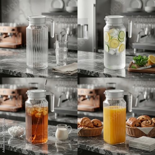 Clear plastic water pitcher with lid and pour spout for home and restaurant use