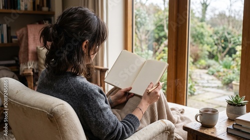 Young woman writing in blank journal sitting in armchair at home.