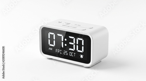 Digital alarm clock with LED display in clean white modern style with bright studio lighting on a white background for technology and timekeeping.