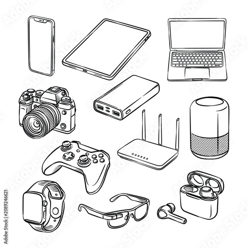 Modern Smart Tech Gadget Ecosystem Sketch Line Art Vector Set