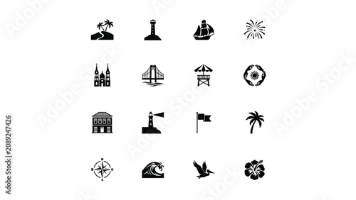 Принти на полотні Premium black and white travel destination icon set with minimalist line art sty