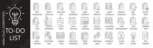 To-do list and task management solid icon set. Featuring task reminder, project deadline, daily schedule, time management, and habit tracker. Editable vector glyphs for corporate productivity and busi