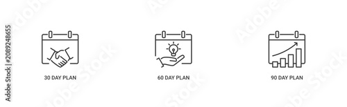 Onboarding Process icon set containing 30, 60 and 90 day plan vector concept illustration