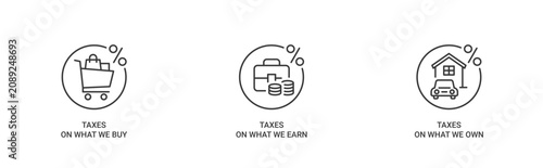 Photos 3 Basic Types of Taxes icon set containing Purchase, Payroll and Property Tax ve